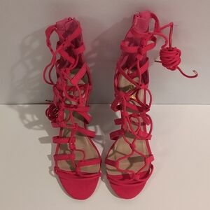 Qupid Women's 8 & 7.5 Pink Strappy Lace-Up Heels